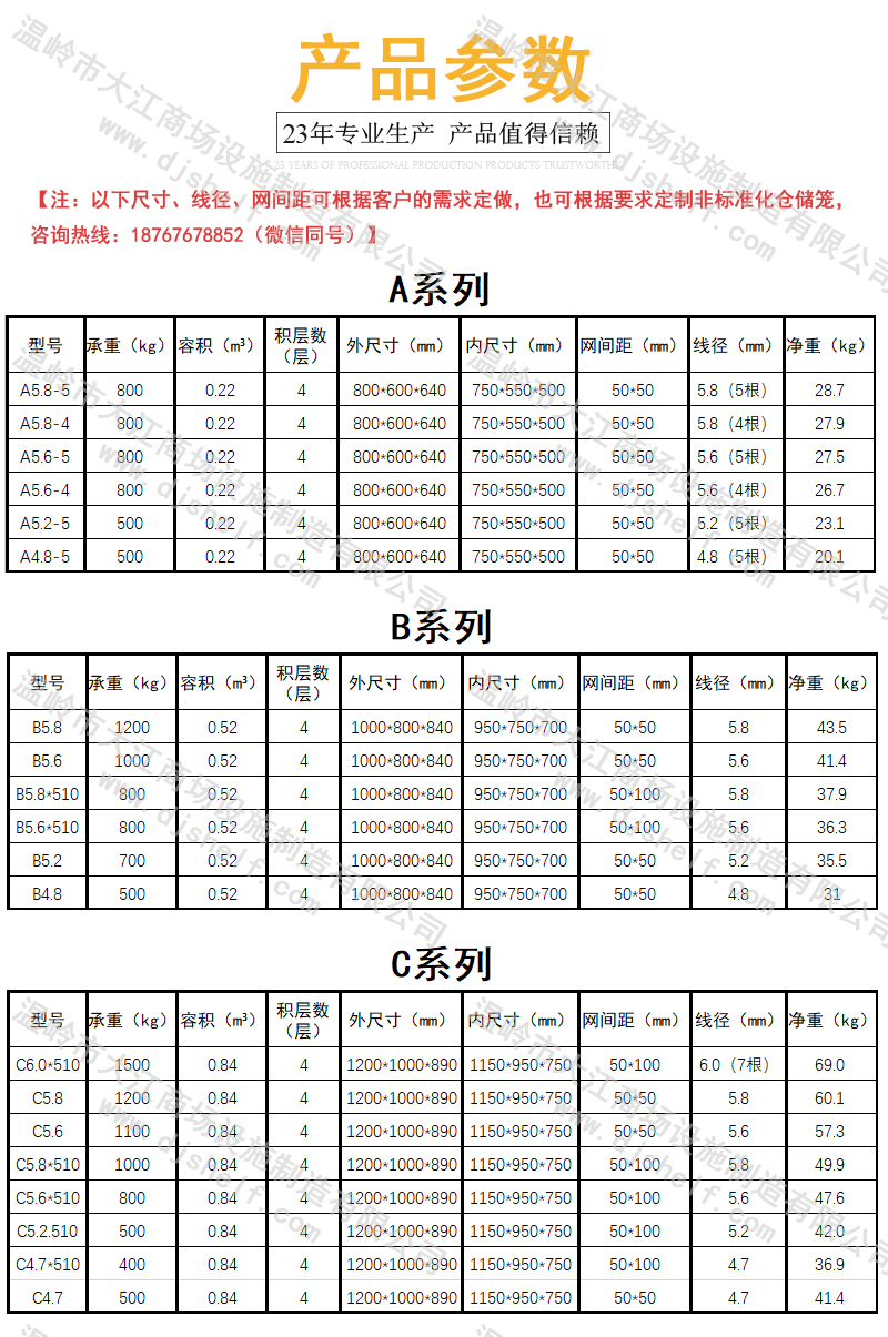 2021年最新倉儲籠規(guī)格參數(shù)表-大江倉儲籠